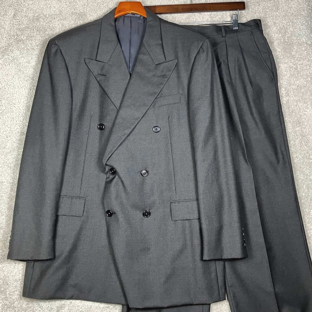 VTG Hickey Freeman Suit Mens 37R Gray Double Breasted Loro Piana Wool Pleated
